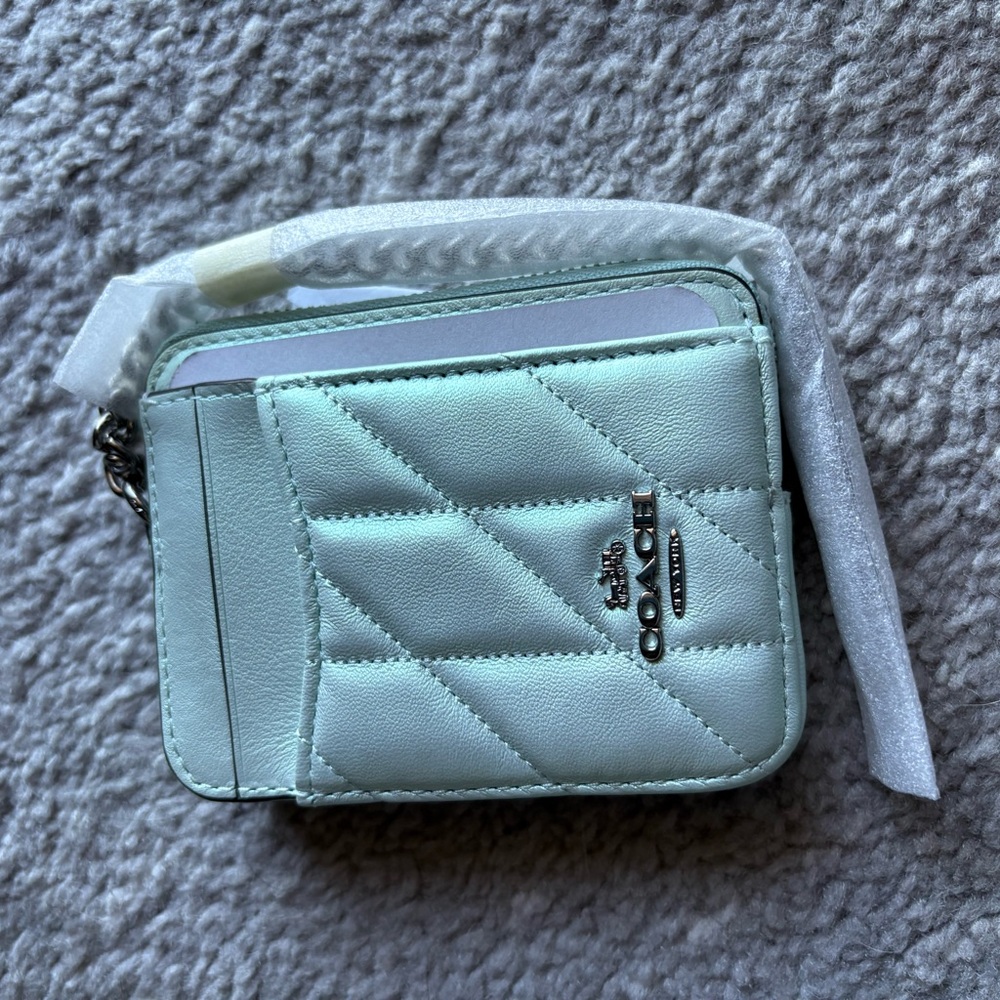 Coach Zip Card Case With Quilting - leather/Silver/Green NWT - Picture 3 of 6